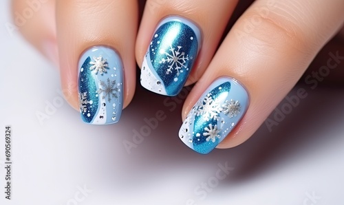 Blue and White Snowflake Manicure on a Woman s Hand