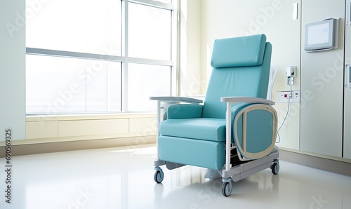 Hospital Room with Serene Blue Chair and Scenic Window
