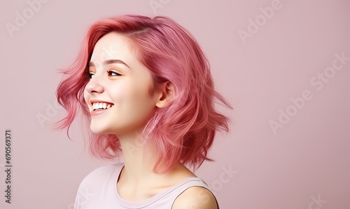 Smiling Woman with Vibrant Pink Hair and Confident Expression