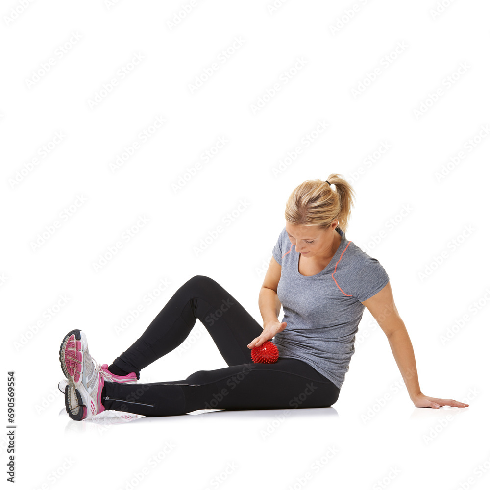 Woman, massage ball and healing injury in studio, care and health or wellness by white background. Female person, athlete and physical therapy or rehabilitation for muscles in legs and body in mockup Woman, massage ball and healing injury in studio, care and health or wellness by white background. Female person, athlete and physical therapy or rehabilitation for muscles in legs and body in mockup