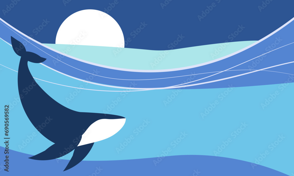 Ocean day poster. Whale wall art horizontal poster. Save underwater marine life concept. Vector nautical banner. Great whale in the sea. Ocean day poster. Whale wall art horizontal poster. Save underwater marine life concept. Vector nautical banner. Great whale in the sea.