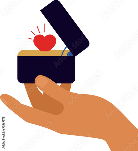 Male hand hold black opened box for jewelry or wedding ring with shiny heart shape inside. Isolated expensive gift case. Concept of proposal and love as the best gift.