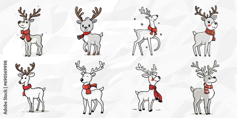 Festliche Weihnachtsrehe: Lineart Vektorgrafik-Bundle von Weihnachtlichen Rehen mit rotem Schal