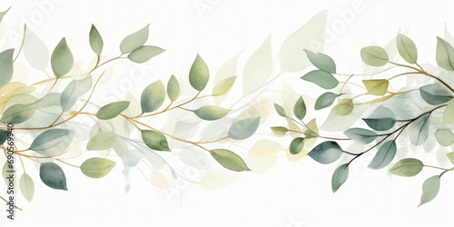 Watercolor seamless border. illustration with green gold leaves and branches for wedding stationary, greetings, wallpapers, fashion, backgrounds, textures, DIY, wrappers, Generative AI  #690569940