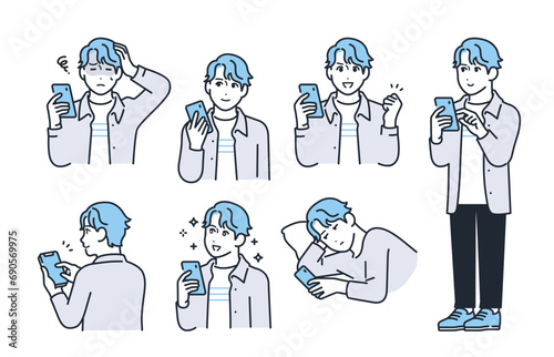 スマートフォンと若い男性のシンプルなベクターイラストセット素材