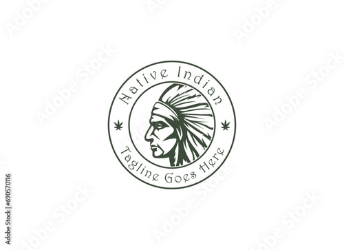 Indian Man Logo vintage style chief Apache mascot design character black and wahite silhouette vector illustration