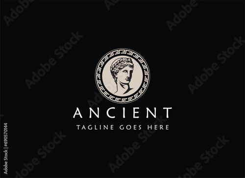 Greek god head wearing laurel wreath statue icon logo design Illustration vector in trendy minimal and simple line style.Ancient Greek Figure Face Head Statue Sculpture.