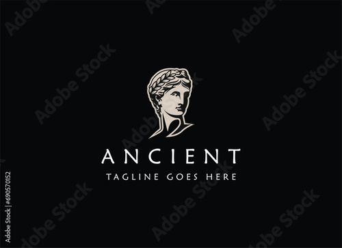 Greek god head wearing laurel wreath statue icon logo design Illustration vector in trendy minimal and simple line style.Ancient Greek Figure Face Head Statue Sculpture.