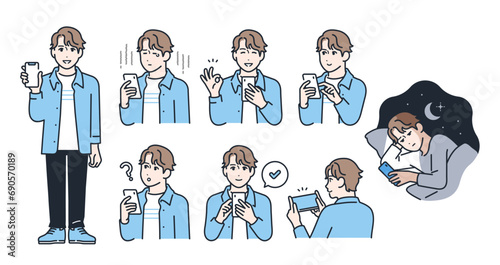 スマートフォンと若い男性のシンプルなベクターイラストセット素材