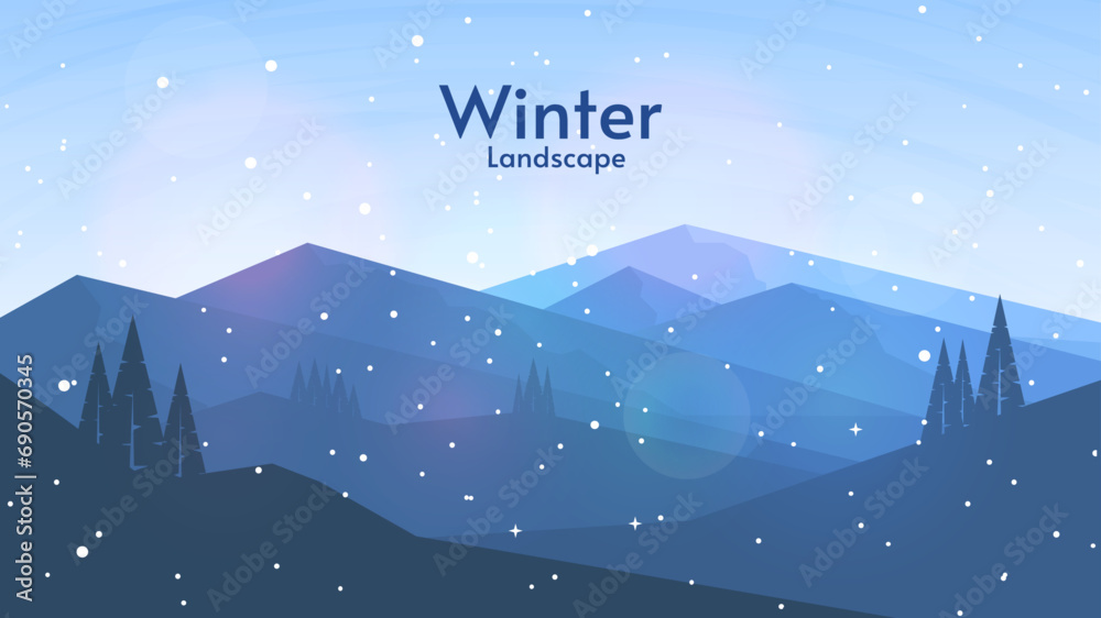Obraz premium Winter landscape, vector illustration. Snowy background. Snowdrift. Design for banner, invitation, wallpaper. Flat style landscape. 