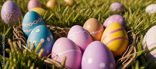 Close-up of Easter eggs hiding in the flower field. Beautiful easter eggs in the flower field.