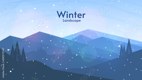 Winter landscape, vector illustration. Snowy background. Snowdrift. Design for banner, invitation, wallpaper. Flat style landscape. 