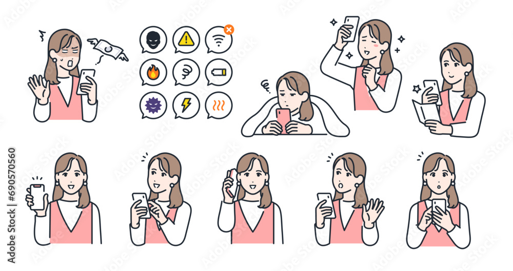 Naklejka premium スマートフォンを持つ若い女性の表情バリエーションセット