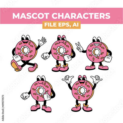 Cartoon character of a pink donut with various expressions suitable for social media graphics, websites, and product packaging to add a fun and playful touch.