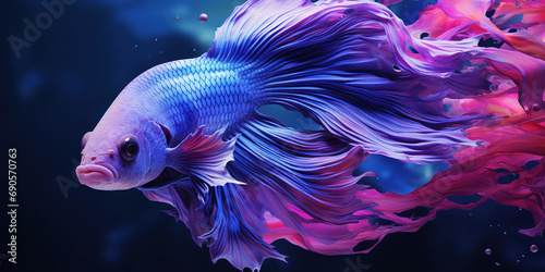 In the serene depths, a betta with hues of violet flaunts its flowing fins above the gentle reef