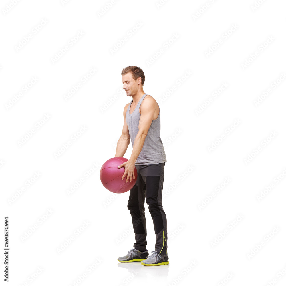 Man, medicine ball and gym training in studio for workout exercise, balance goal or white background. Male person, sports equipment and muscle fitness or mockup space for healthy, cardio or strong Man, medicine ball and gym training in studio for workout exercise, balance goal or white background. Male person, sports equipment and muscle fitness or mockup space for healthy, cardio or strong