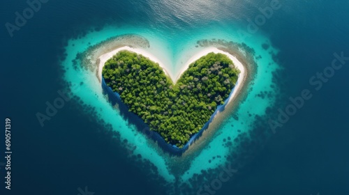 Aerial view of a heart-shaped island surrounded by crystal-clear water, perfect for romantic getaways.