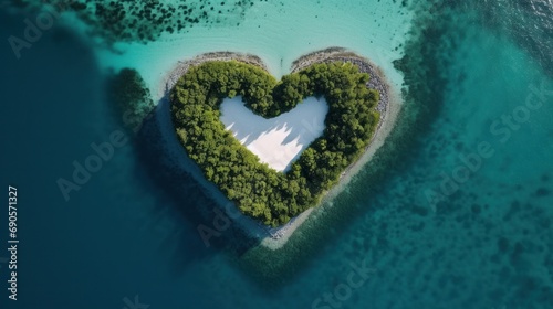 Aerial view of heart-shaped island surrounded by turquoise water, perfect for couples seeking an enchanting vacation. © Sandris_ua