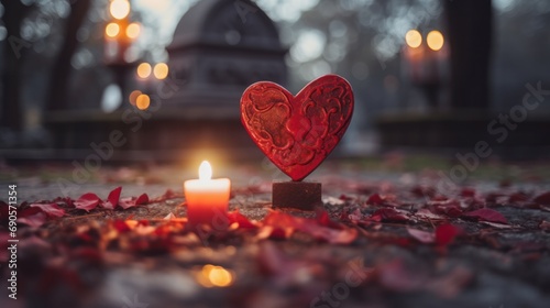 A solemn tribute - red heart-shaped candle illuminating a grave on All Saints Day in a cemetery during autumn. photo