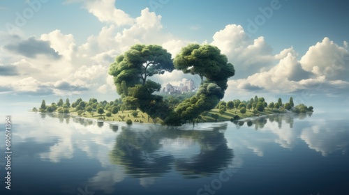 A surreal floating island with a heart-shaped lake, encompassed by clouds and lush trees. © Sandris_ua