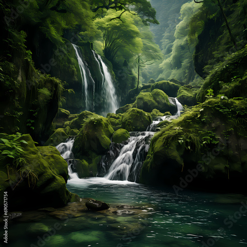 Tableau sur toile Cascading waterfalls in a lush green canyon
