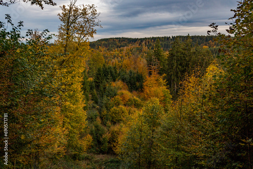 Colourful fall hike to the Kreuzlesh  he in Allgau near Leutkirch and Isny