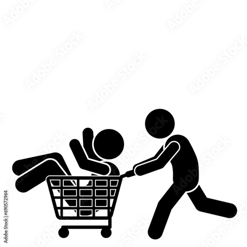 vector illustration of stick figure shopping and sitting in a shopping cart