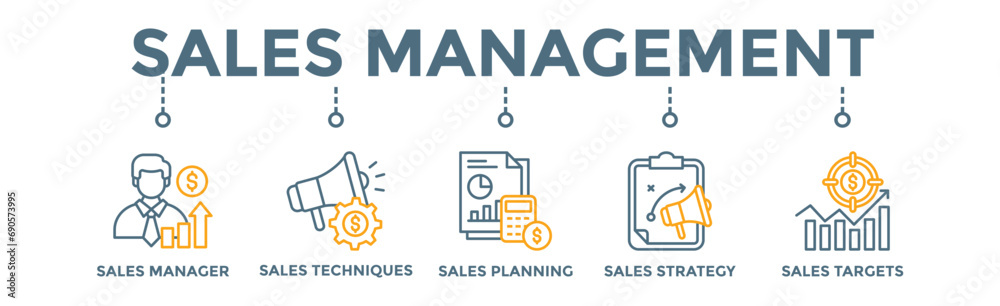 Sales management banner web icon vector illustration concept with icon of manager, sales techniques, planning, strategy, and targets Sales management banner web icon vector illustration concept with icon of manager, sales techniques, planning, strategy, and targets