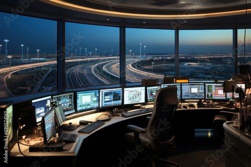 Airport traffic control team background with indoor scenery aircraft control room operators photo