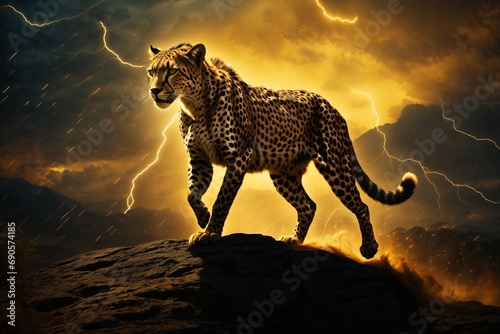 Cheetah Perched on Rock Under Dramatic Sky