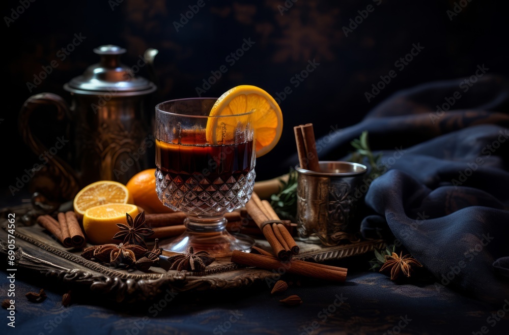 Elegant Mulled Wine Setup with Oranges and Cinnamon