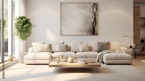 A coastal cozy living room with soft white sofa and pillow. Living room home interior design with white wall photo