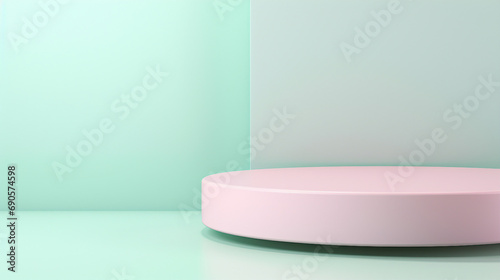 Elegant Pastel Platform and Podium Design: Minimalistic Showcase for Modern Exhibitions - Creative Presentation Stand in Soft Pink, Green, and Blue Tones.