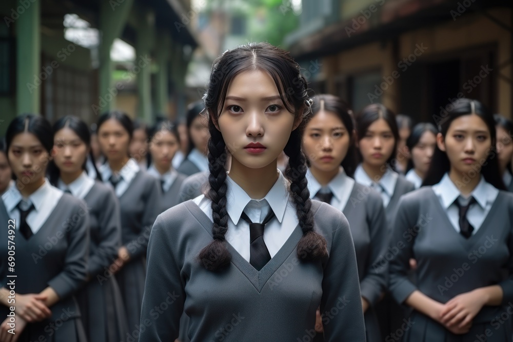 asian schoolgirls in uniforms standing up together - obrazy, fototapety, plakaty 