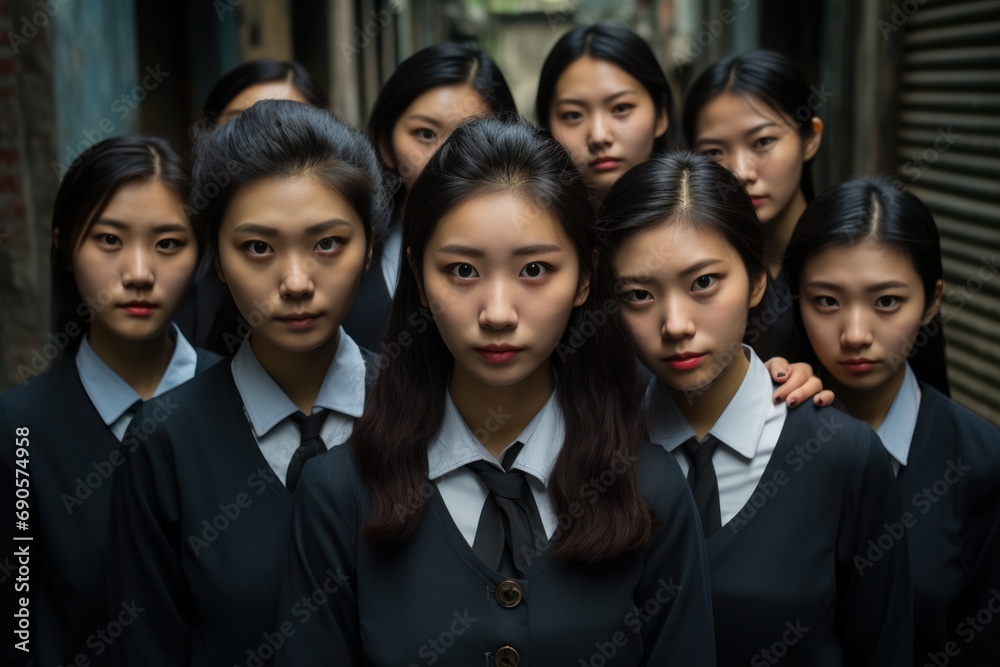 asian schoolgirls in uniforms standing up together asian schoolgirls in uniforms standing up together