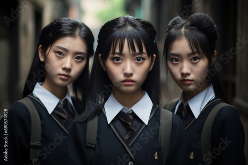 asian schoolgirls in uniforms standing up together photo