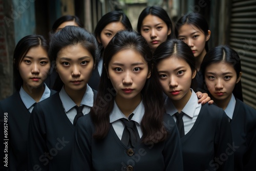 asian schoolgirls in uniforms standing up together photo