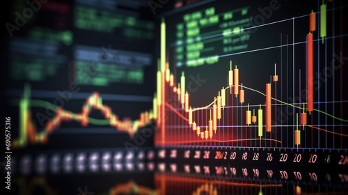 Close-up of a financial trading screen displaying market data with various colored candlestick charts, numerical values, and trend lines indicating stock performance.