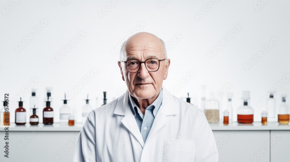 an experienced senior chemist working in a laboratory, standing alone against a white background. an experienced senior chemist working in a laboratory, standing alone against a white background.