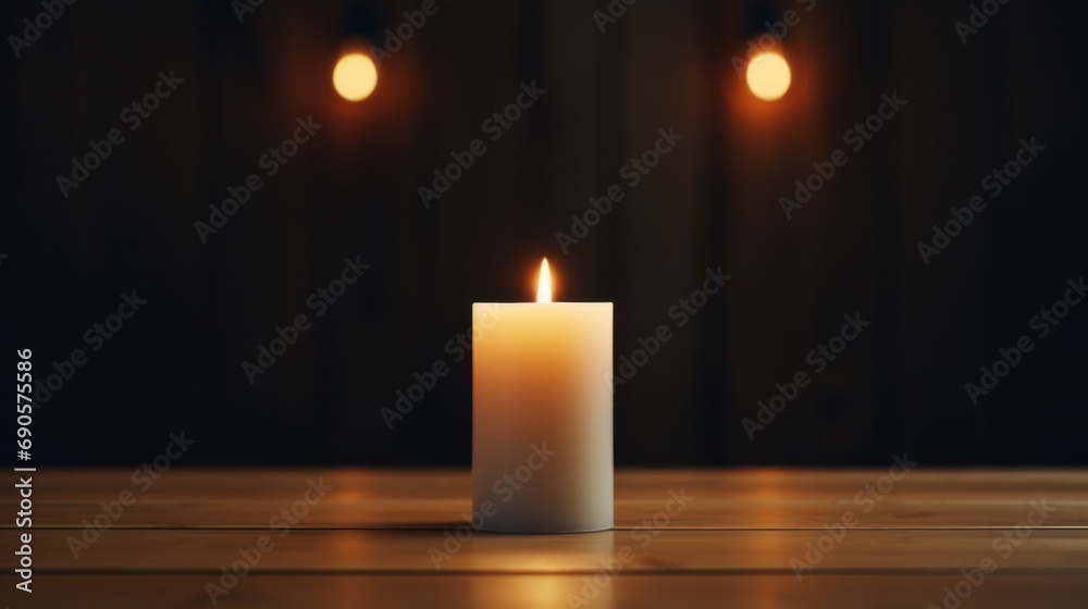An flickering candle casting a warm glow in a dimly lit room.