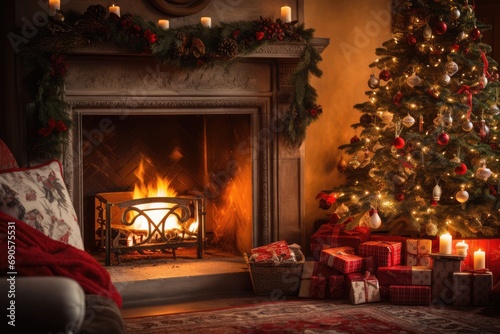 Classic Christmas Storybook Scene - A cozy, old-fashioned Christmas living room with a roaring fire, stockings and a tree - AI Generated photo