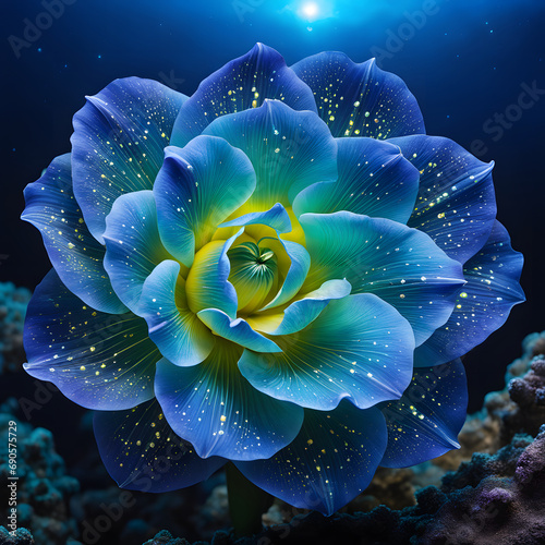In the depths of the ocean, where the light of the sun fades and glowing algae flickers in the darkness, an underwater flower blooms photo