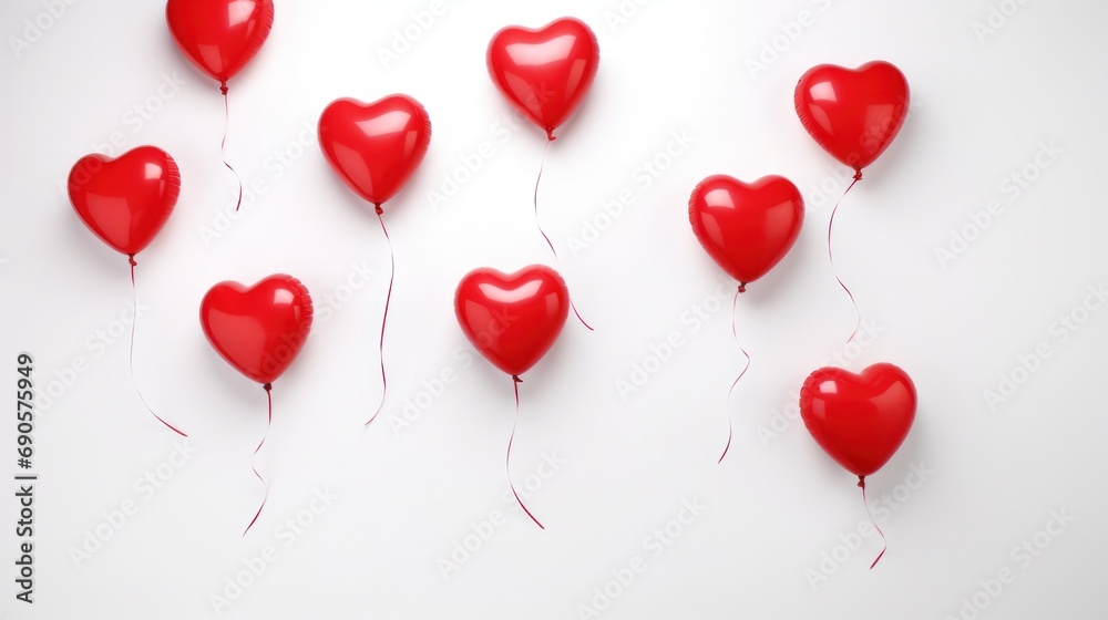 Bright red heart-shaped balloons floating on white background, representing love and celebration