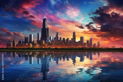 American city skyline reflected in water and colorful sky clouds
