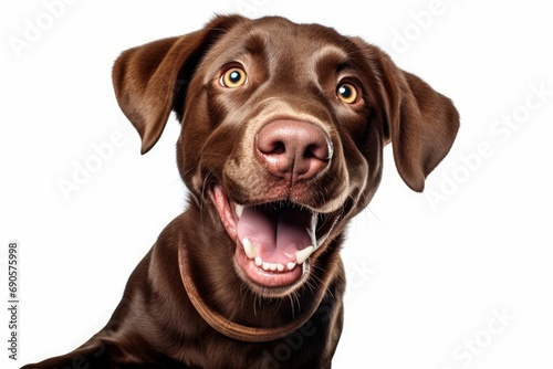 Cute playful doggy or pet is playing and looking happy isolated on white background. chocolate Labrador young dog is posing. Cute, happy crazy dog headshot smiling on white, Generative AI 