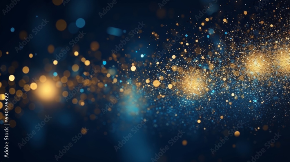 abstract background with Dark blue and gold particle. Christmas Golden light shine particles bokeh on navy blue background. Gold foil texture. Holiday, Generative AI  - obrazy, fototapety, plakaty 