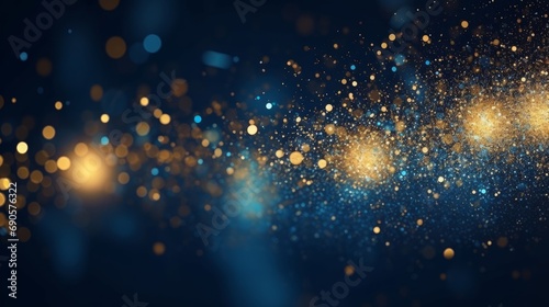 abstract background with Dark blue and gold particle. Christmas Golden light shine particles bokeh on navy blue background. Gold foil texture. Holiday, Generative AI  photo