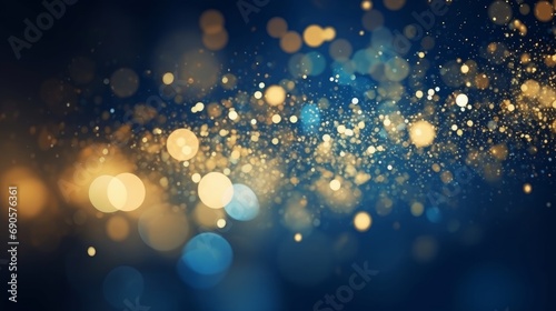 abstract background with Dark blue and gold particle. Christmas Golden light shine particles bokeh on navy blue background. Gold foil texture. Holiday, Generative AI 