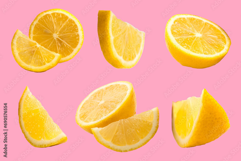 Set of fresh whole and cut Lemon and slices isolated on pink background. From top view.