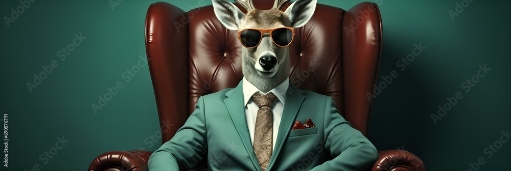 cool deer in sunglasses sitting in a chair - obrazy, fototapety, plakaty 